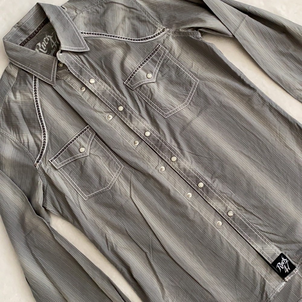 Rock 47 x Wrangler | Cotton Poplin Stripe Long Sleeve Western Pearl Snap Shirt S - Picture 9 of 16